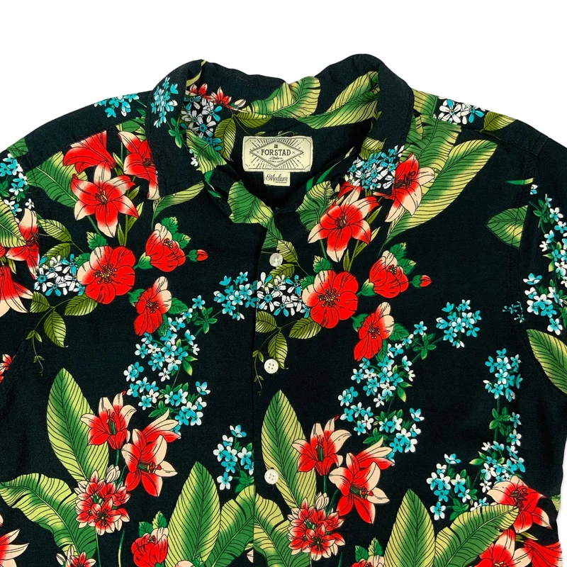 80s Black Floral Shirt M
