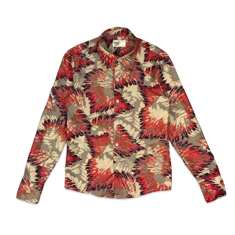 Y2K Screwz Beige & Pink Feather Print Long Sleeve Shirt XS