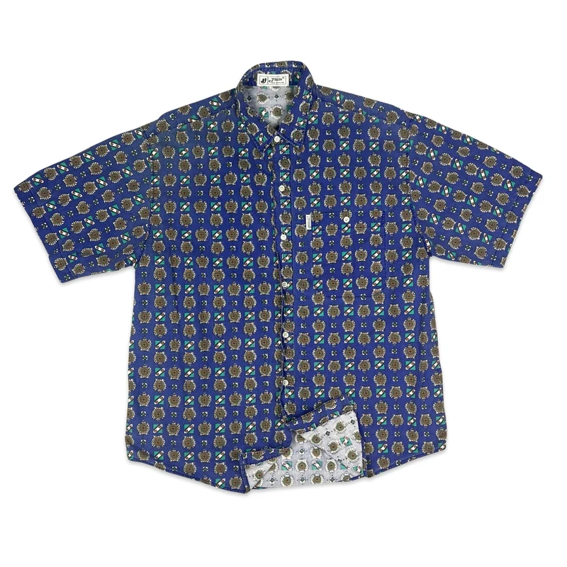 Vintage 80s Blue Abstract Print Short Sleeve Shirt M
