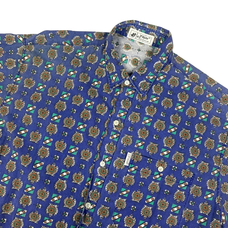 Vintage 80s Blue Abstract Print Short Sleeve Shirt M