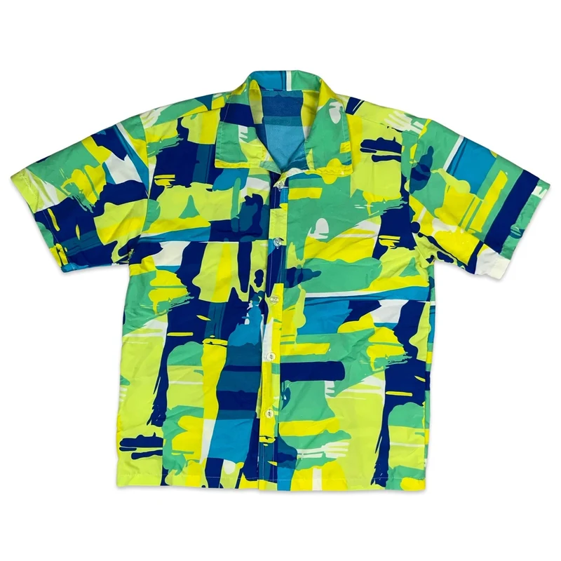 Vintage Bright Yellow Green Blue Abstract Print Shirt M