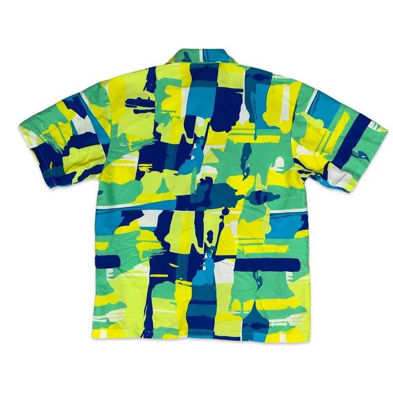 Vintage Bright Yellow Green Blue Abstract Print Shirt M