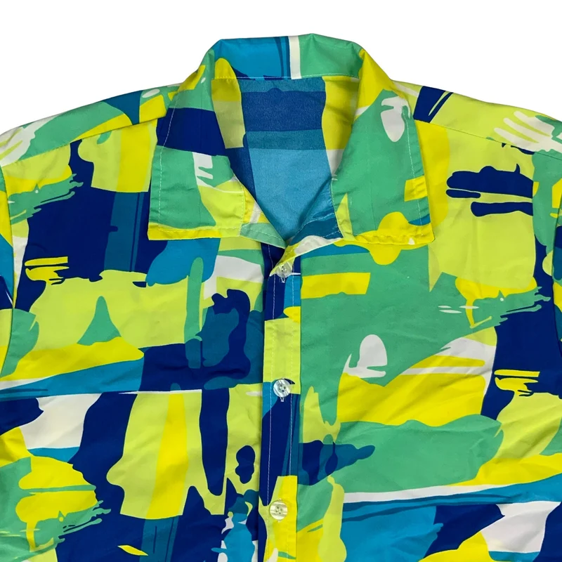 Vintage Bright Yellow Green Blue Abstract Print Shirt M