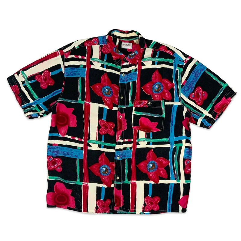 Vtg 80s Multicoloured Floral Checkered Print Short Sleeved Shirt L