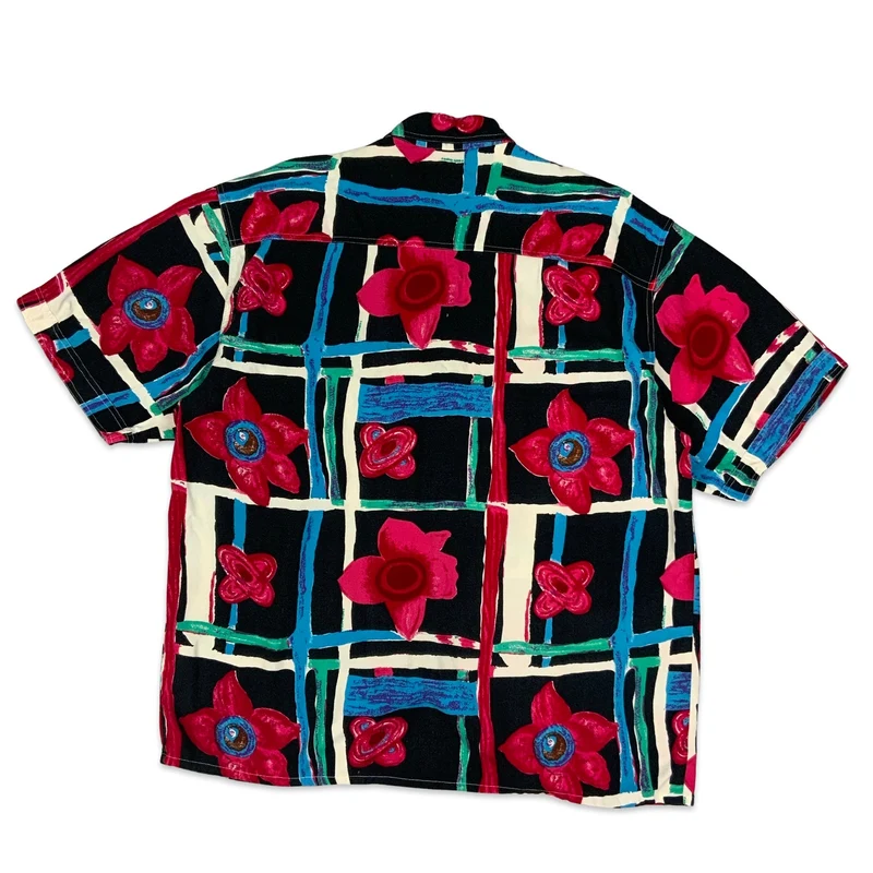 Vtg 80s Multicoloured Floral Checkered Print Short Sleeved Shirt L