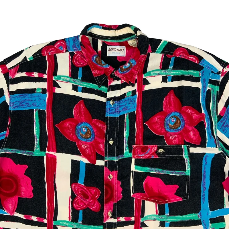 Vtg 80s Multicoloured Floral Checkered Print Short Sleeved Shirt L
