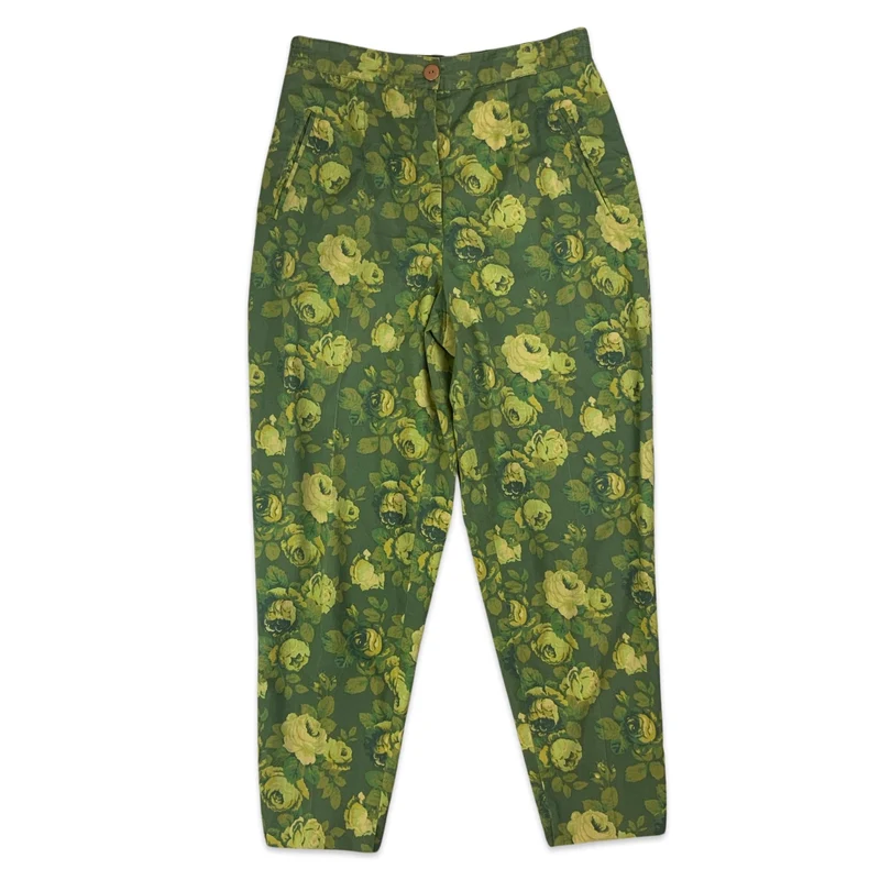 Vintage Green Floral Cigarette Trousers 10 12 14 16
