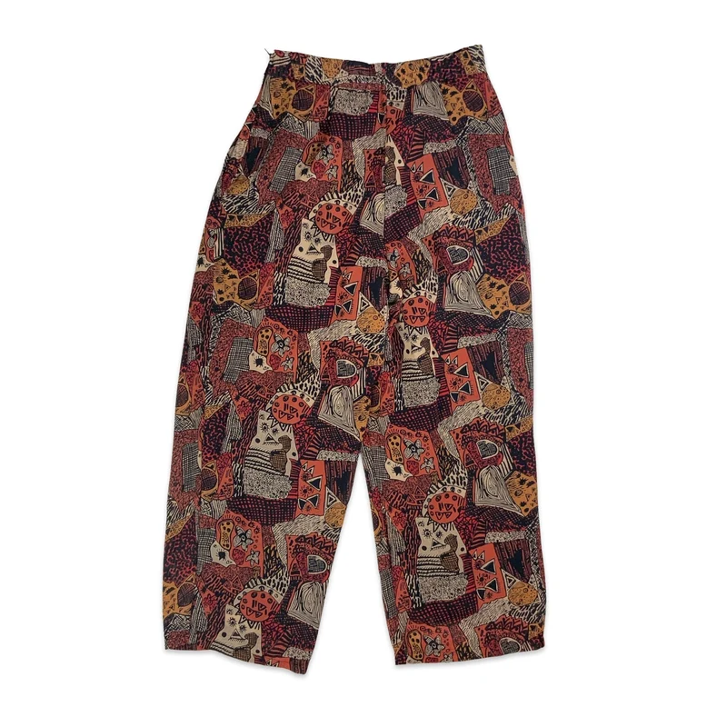 Vintage Red & Black Print Wide Leg Trousers 6 8 10