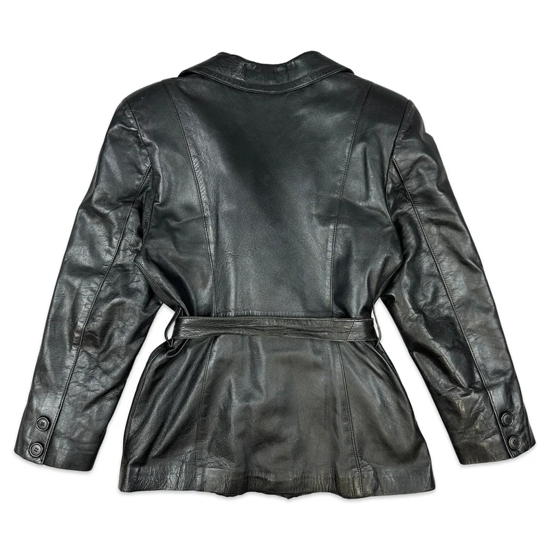 Vintage Womens Black Belted Double Breasted Leather Jacket Coat 10