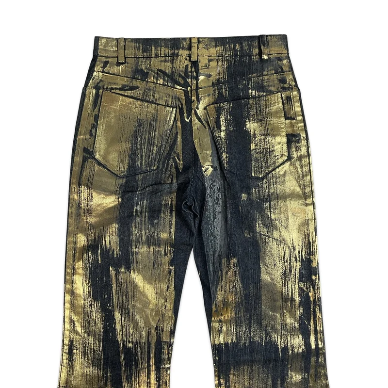90S Y2K Dark Denim & Metallic Gold Wide Leg Jeans 6 8