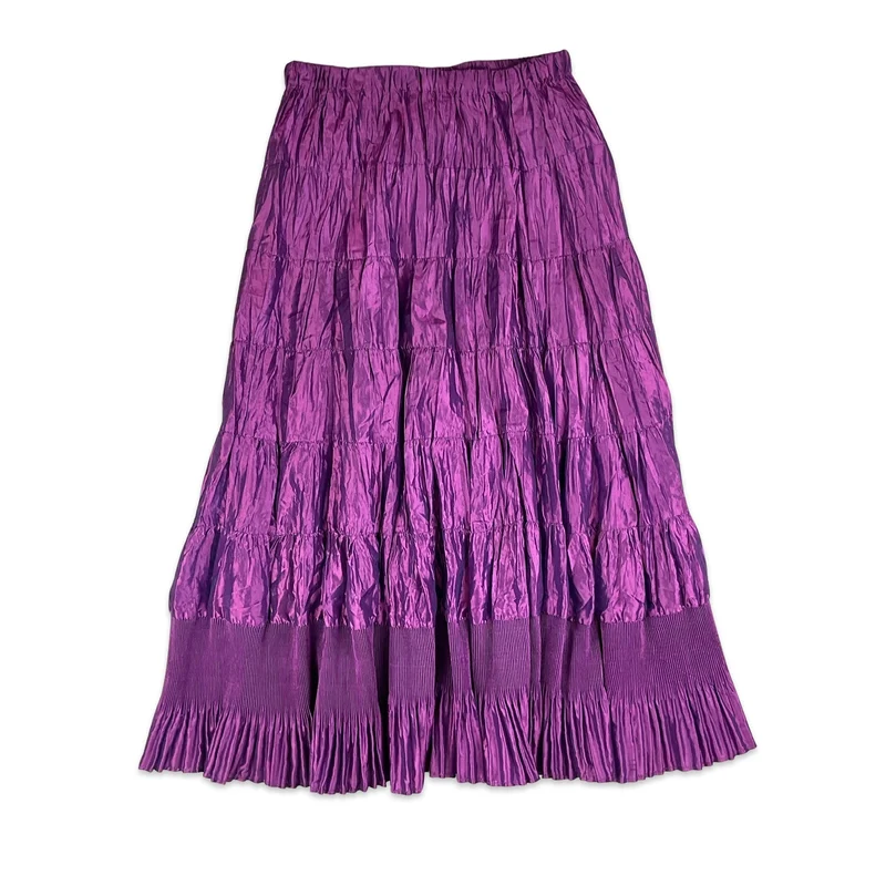90s Metallic Purple Pleated Flounce Tiered Maxi Skirt
