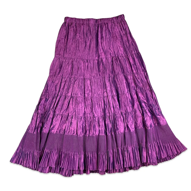 90s Metallic Purple Pleated Flounce Tiered Maxi Skirt