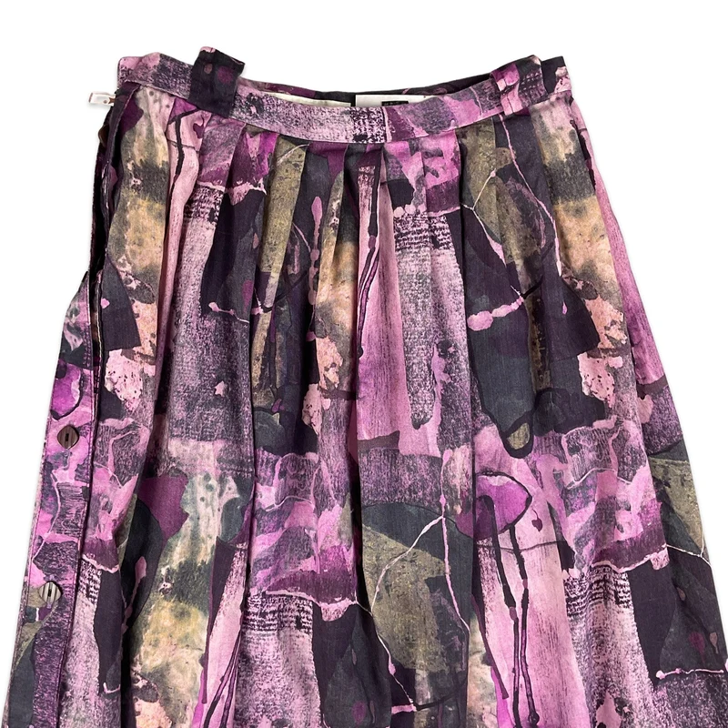 Vintage Purple Abstract Print Pleated Midi Skirt
