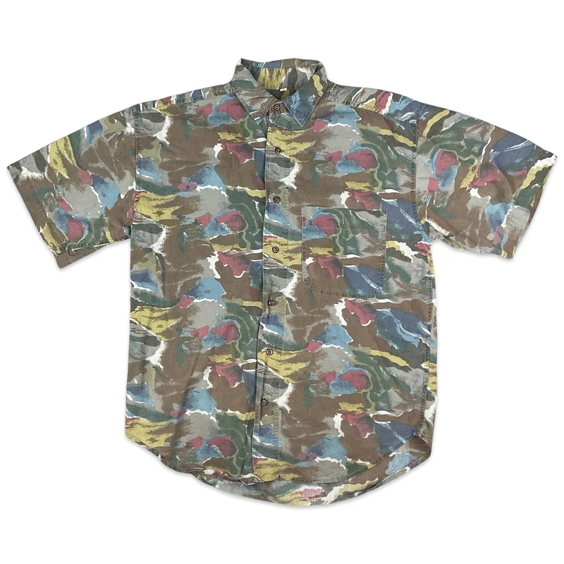 Vintage Multicoloured Camo Print Short Sleeve Shirt L