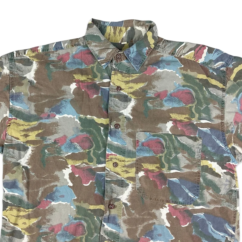 Vintage Multicoloured Camo Print Short Sleeve Shirt L
