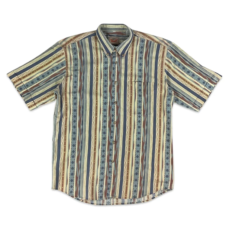 Vintage Yellow Blue & Red Aztec Stripe Print Short Sleeve Shirt M