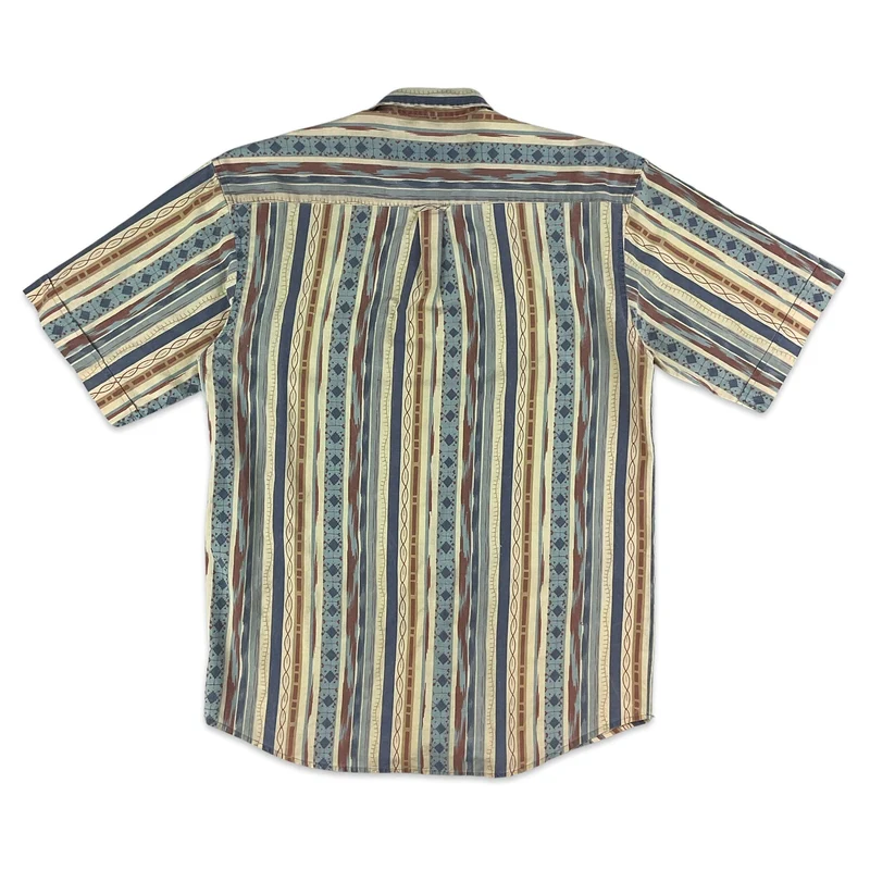 Vintage Yellow Blue & Red Aztec Stripe Print Short Sleeve Shirt M