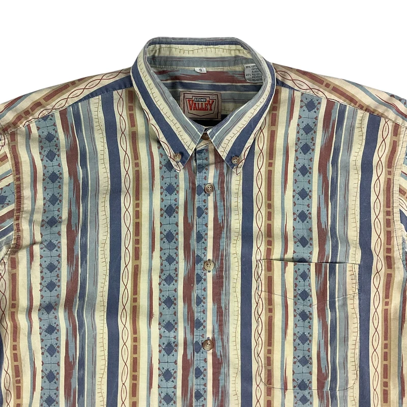 Vintage Yellow Blue & Red Aztec Stripe Print Short Sleeve Shirt M