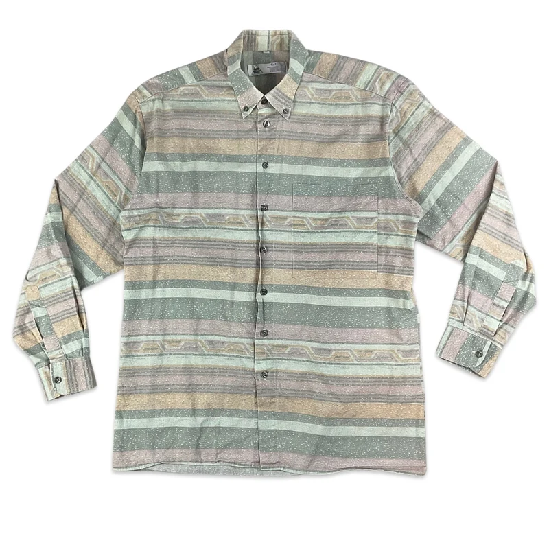 Vintage C&A Pastel Green & Pink Striped Cotton Shirt M