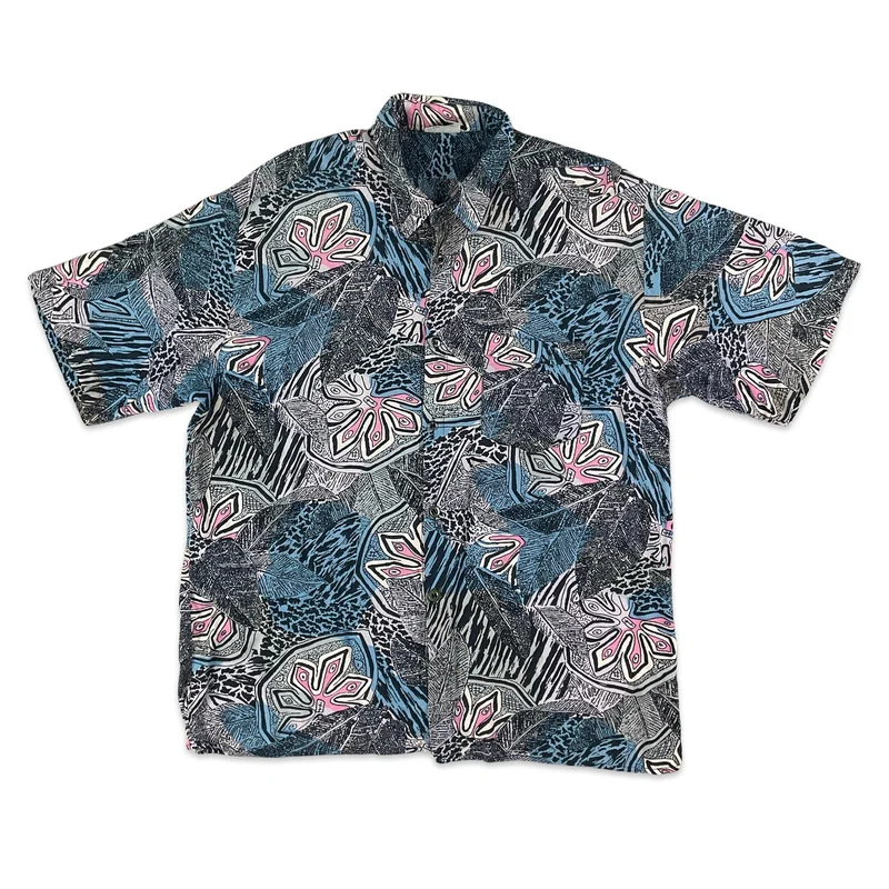 Vintage Black Blue & Pink Jungle Print Short Sleeve Shirt M