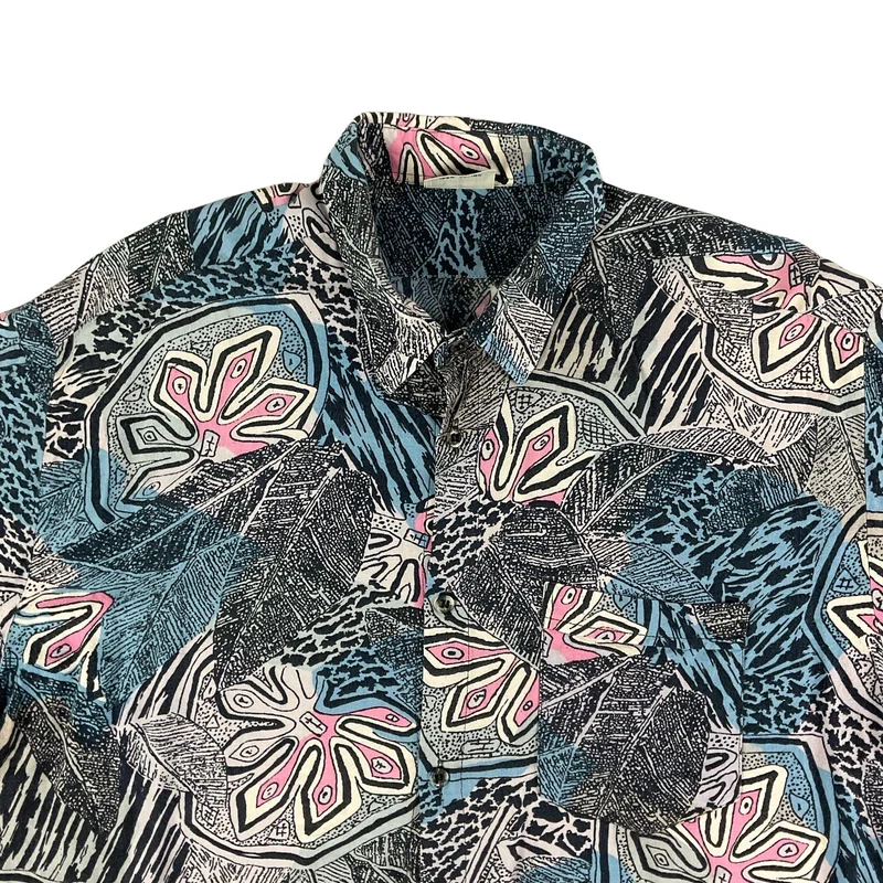 Vintage Black Blue & Pink Jungle Print Short Sleeve Shirt M