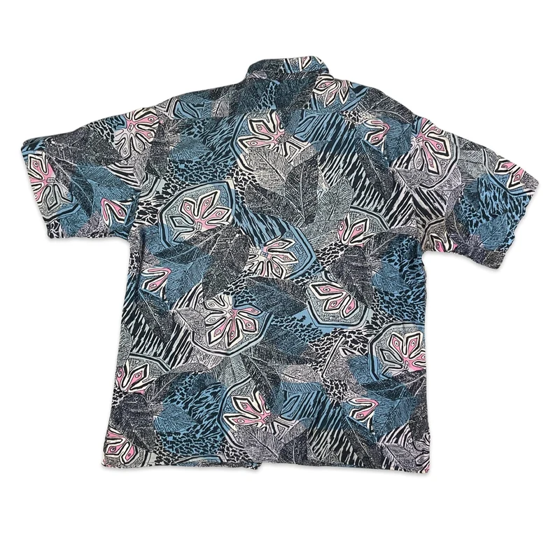 Vintage Black Blue & Pink Jungle Print Short Sleeve Shirt M