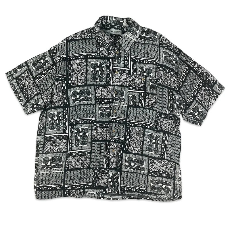 Vintage Black & White Tribal Pattern Short Sleeve Shirt XL