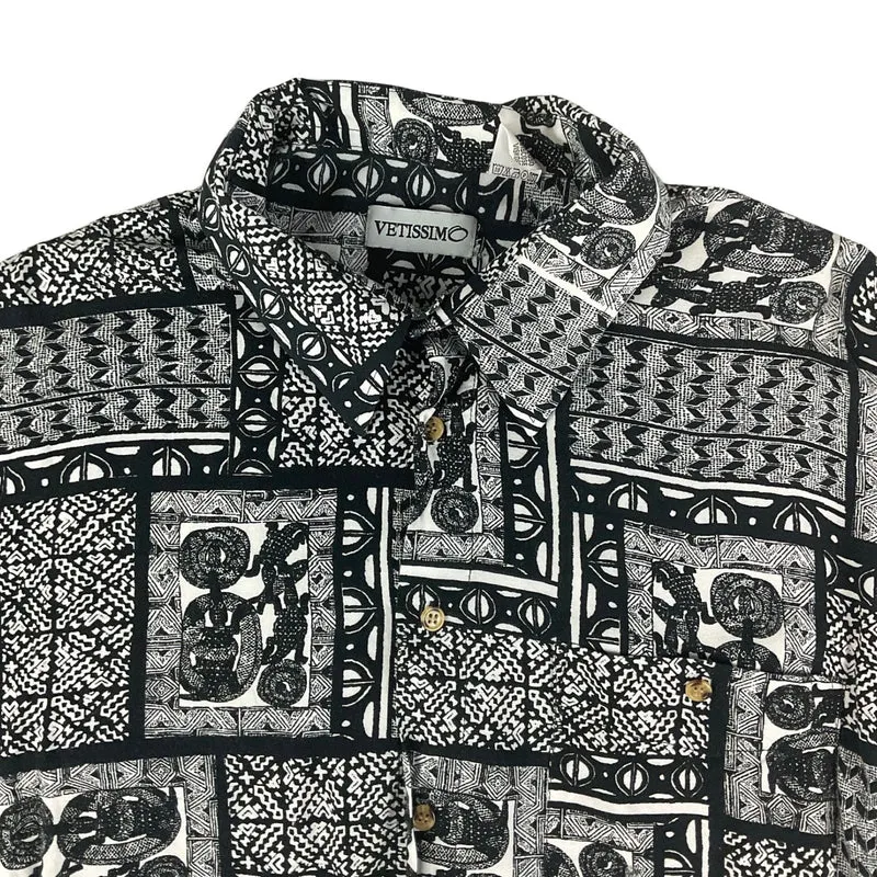 Vintage Black & White Tribal Pattern Short Sleeve Shirt XL