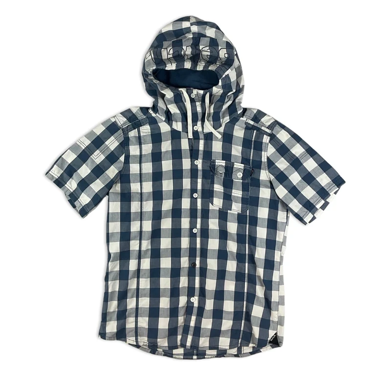 Y2K Bench White Blue Check Hooded Short Sleeve Button Up Shirt Large