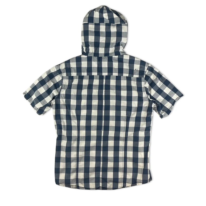 Y2K Bench White Blue Check Hooded Short Sleeve Button Up Shirt Large
