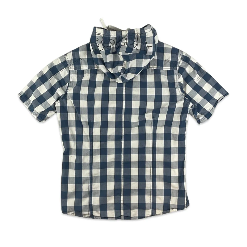 Y2K Bench White Blue Check Hooded Short Sleeve Button Up Shirt Large