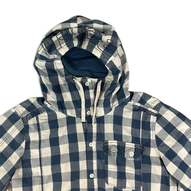 Y2K Bench White Blue Check Hooded Short Sleeve Button Up Shirt Large
