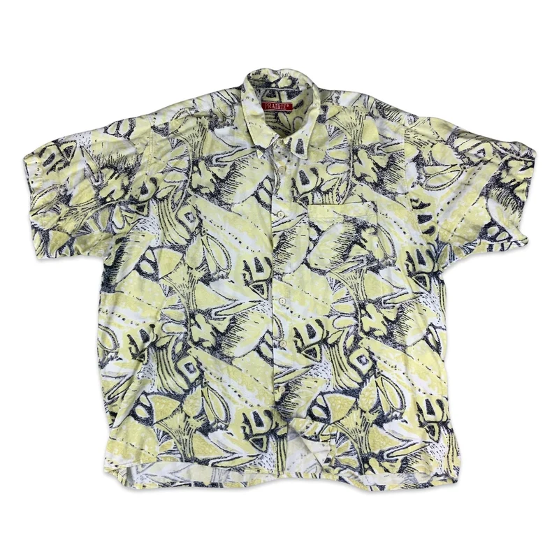 Vintage 80s Yellow & Navy Abstract Pattern Short Sleeve Shirt 3XL