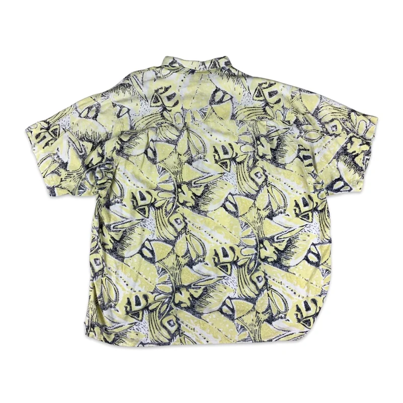 Vintage 80s Yellow & Navy Abstract Pattern Short Sleeve Shirt 3XL