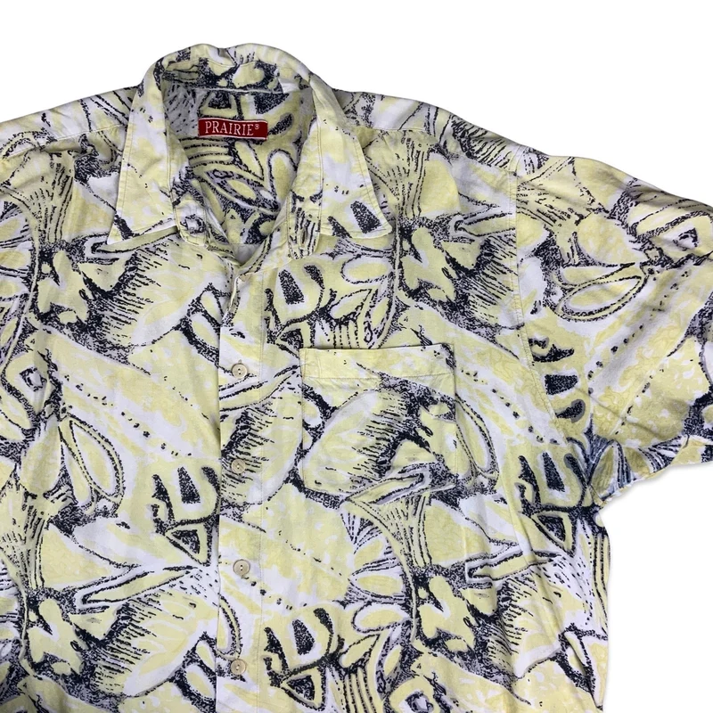 Vintage 80s Yellow & Navy Abstract Pattern Short Sleeve Shirt 3XL
