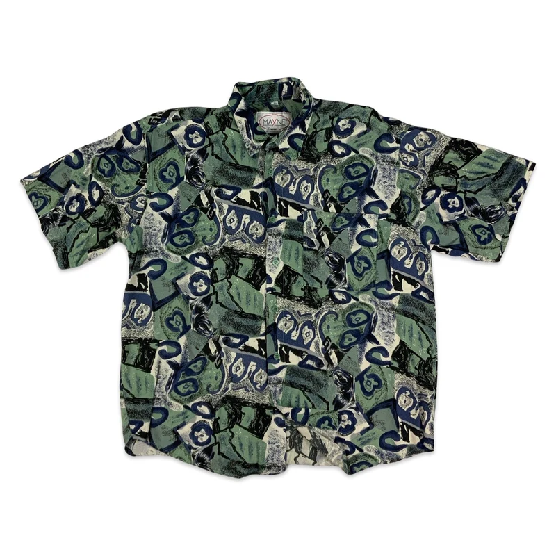 Vintage Green Blue & Black Abstract Pattern Short Sleeve Shirt L