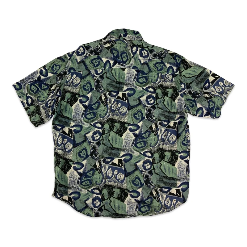 Vintage Green Blue & Black Abstract Pattern Short Sleeve Shirt L