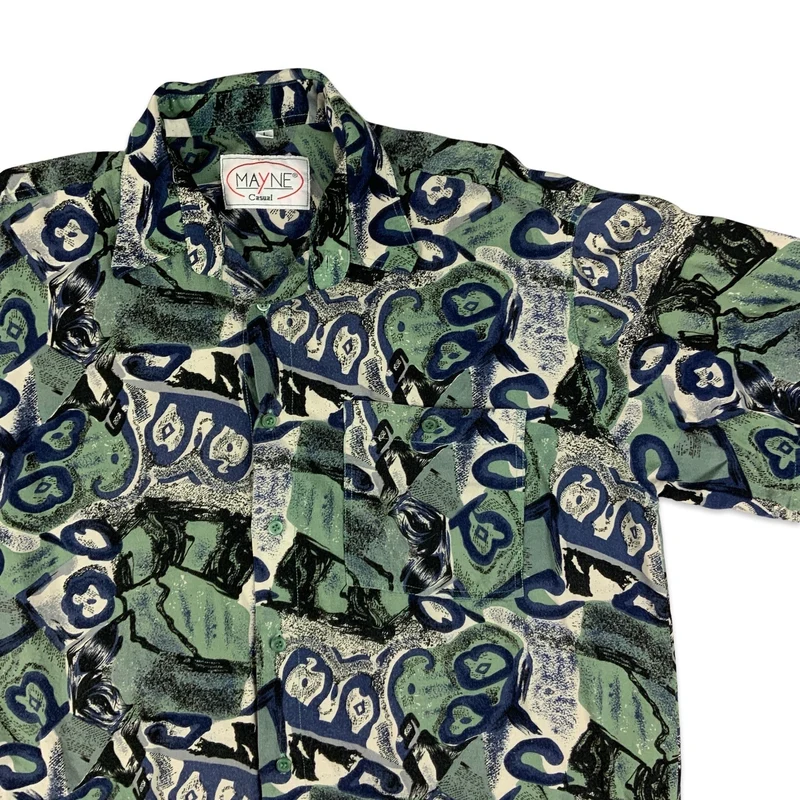 Vintage Green Blue & Black Abstract Pattern Short Sleeve Shirt L