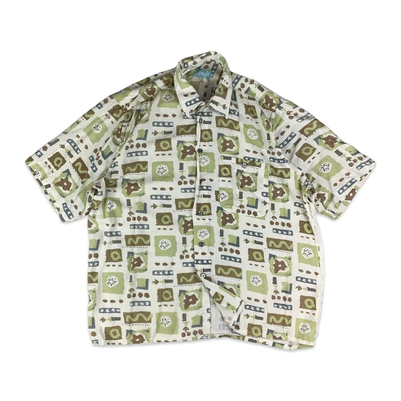 Vintage White Green & Brown Abstract Pattern Cotton Shirt XL