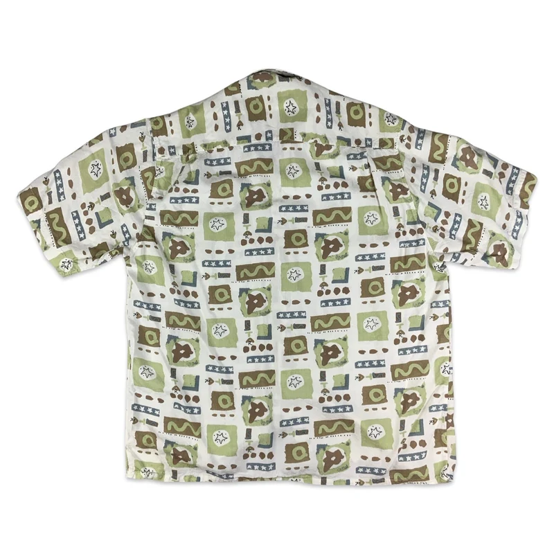 Vintage White Green & Brown Abstract Pattern Cotton Shirt XL