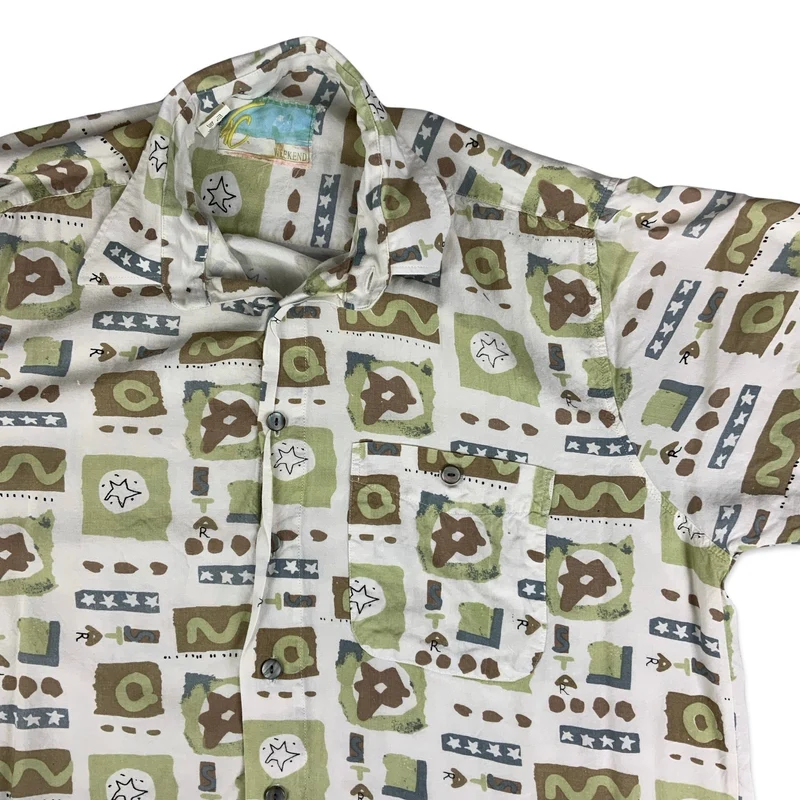 Vintage White Green & Brown Abstract Pattern Cotton Shirt XL