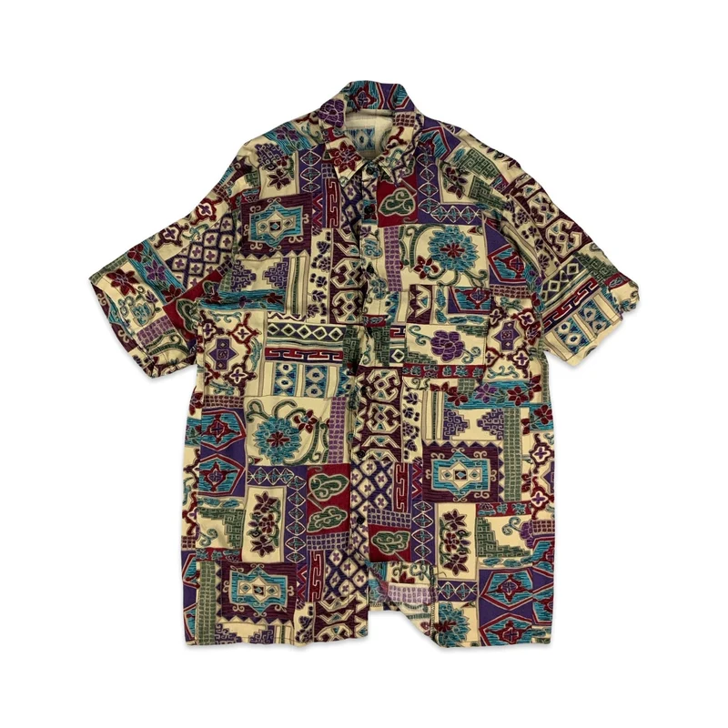 Vintage Red Purple Blue & Beige Abstract Pattern Shirt M
