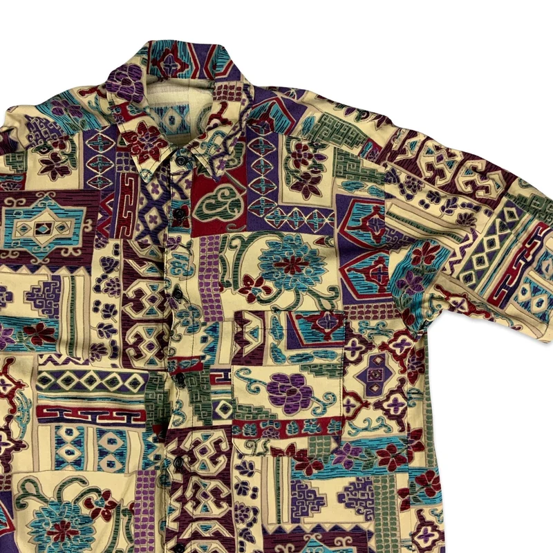 Vintage Red Purple Blue & Beige Abstract Pattern Shirt M