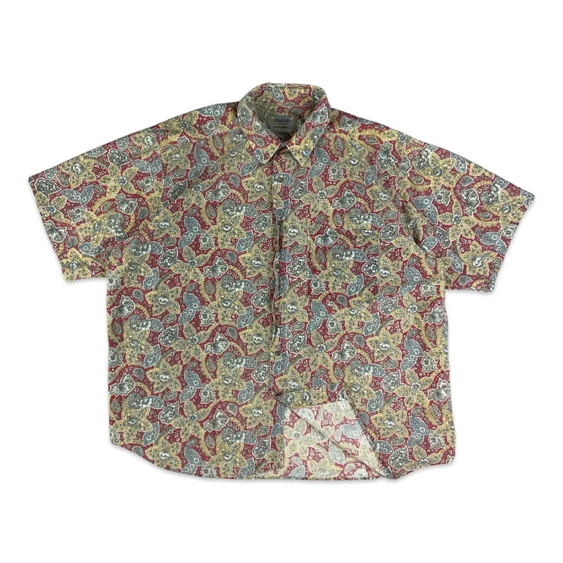 Vintage 80s Red Blue & Yellow Floral Paisley Print Shirt XL