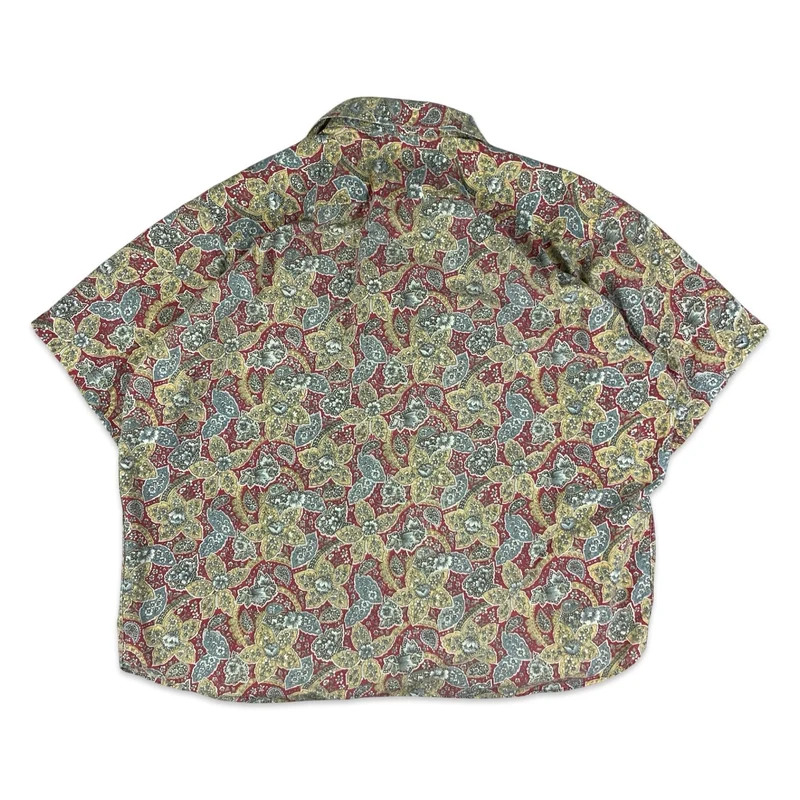 Vintage 80s Red Blue & Yellow Floral Paisley Print Shirt XL