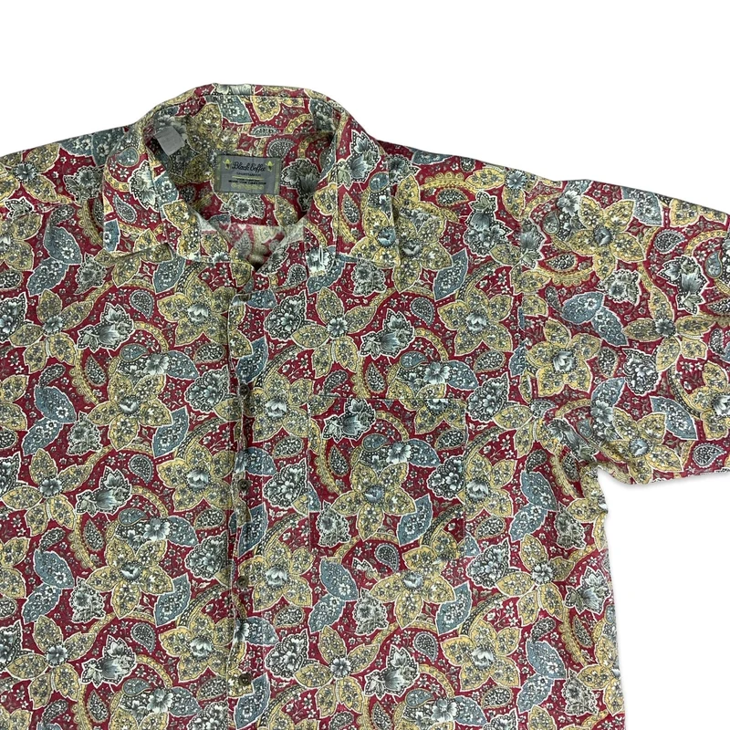 Vintage 80s Red Blue & Yellow Floral Paisley Print Shirt XL