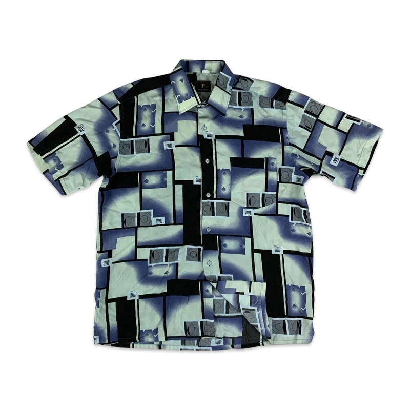 Vintage Y2K Blue & Black Abstract Pattern Short Sleeve Shirt XL