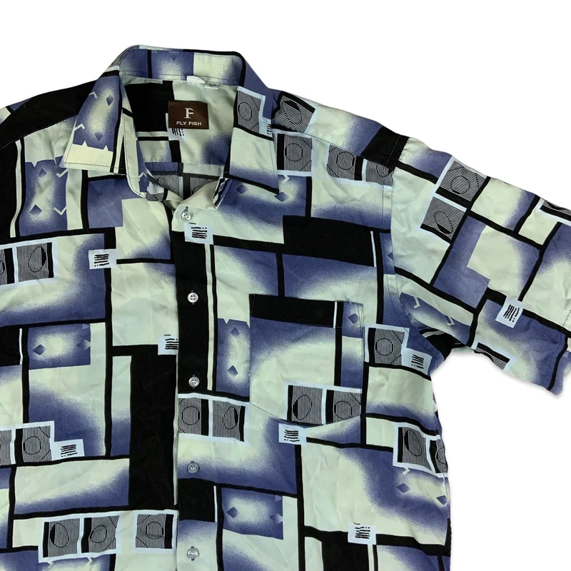 Vintage Y2K Blue & Black Abstract Pattern Short Sleeve Shirt XL
