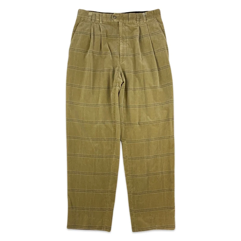 Vintage Beige Checked Velvet Pleated Trousers 33W 31L
