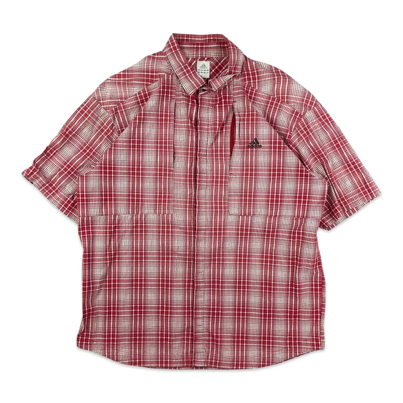 Vintage 2004 Adidas Red White Checked Plaid Tech Short Sleeve Shirt Extra Large